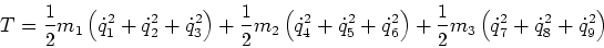 \begin{displaymath}
T = \frac{\mbox{\small 1}}{\mbox{\small 2}} m_1 \left(\dot{q...
...small 2}} m_3 \left(\dot{q}_7^2+\dot{q}_8^2+\dot{q}_9^2\right)
\end{displaymath}